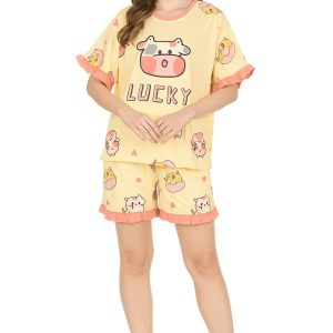 “Lucky Cow” Cartoon Print Pajama Set